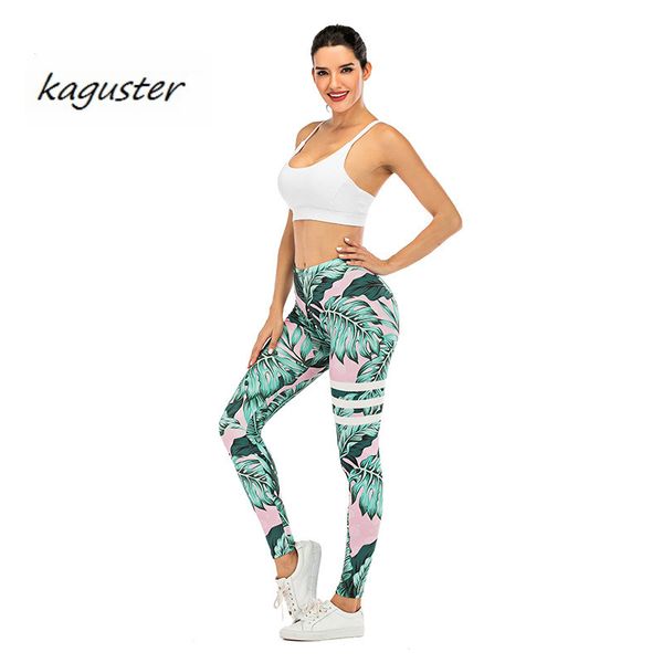 

women's leggings 2021 kaguster summer leaves digital print outdoor exercise printed ankle-length casual fitness activewear high waist, Black