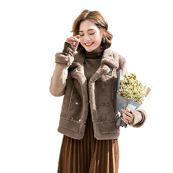 

2019 new women autumn winter faux shearling sheepskin overcoat female thick suede jackets lambs wool short motorcycle coats v637, Black