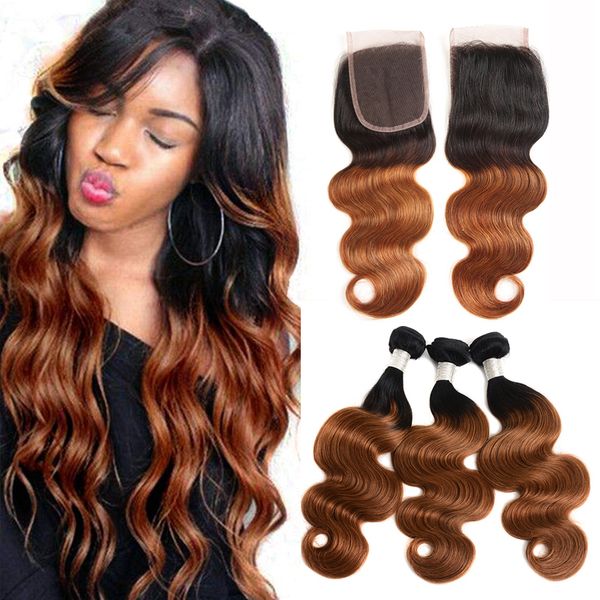

2 tone ombre hair 3 bundles with 4*4 lace closure brazilian virgin hair body wave ombre human hair bundles #1b/30, Black;brown