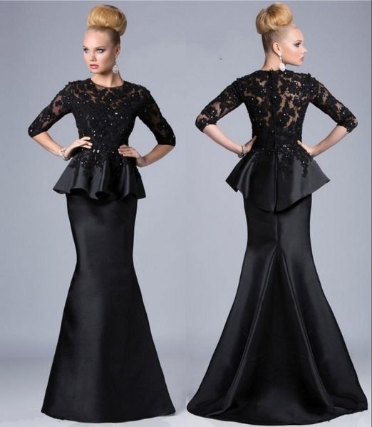 

mother of the bride dresses mermaid jewel neck 3/4 sleeves lace appliques beaded peplum plus size party dress black evening gowns, Black;red