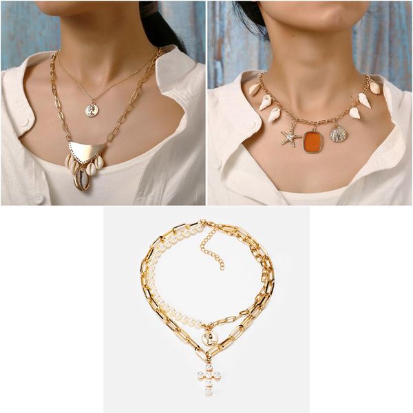 

gold color choker necklace for women layered shell conch pearl pendant chain necklaces & pendants velvet chokers fashion jewelry, Golden;silver