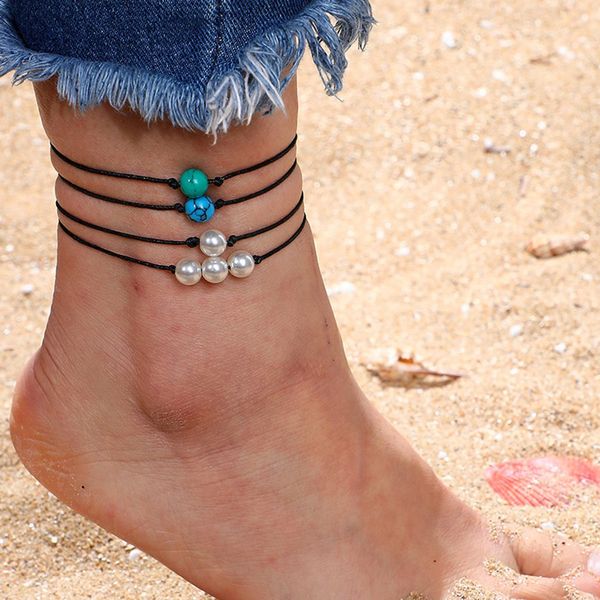 

4 piece set anklet fashion bohemian woven leather rope pearl blue female european and american, Golden;silver
