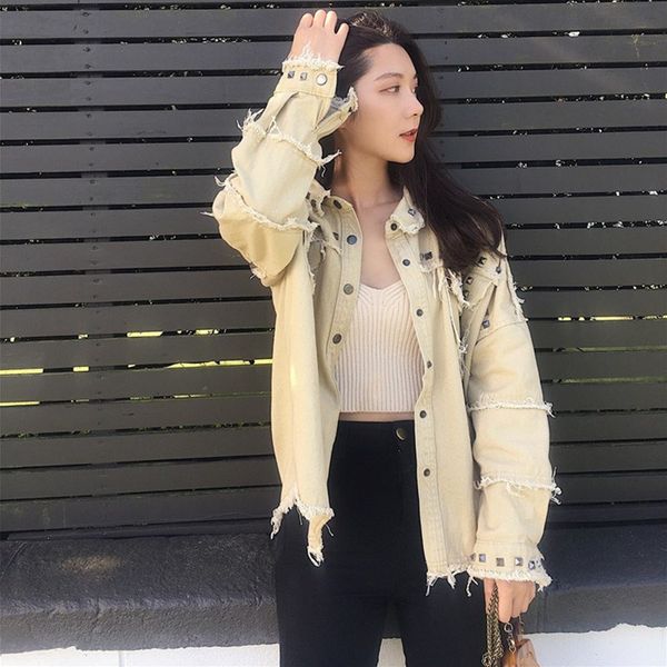 

2019 autumn rivet denim jacket casual loose jeans jacket tassel long sleeve plus size women hole bomber, Black;brown