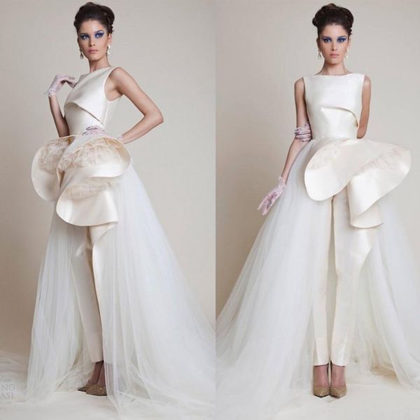 

2020 zuhair murad a line wedding dresses bateau neck ruffles tulle formal party gowns jumpsuit women sleeveless wedding dress, White