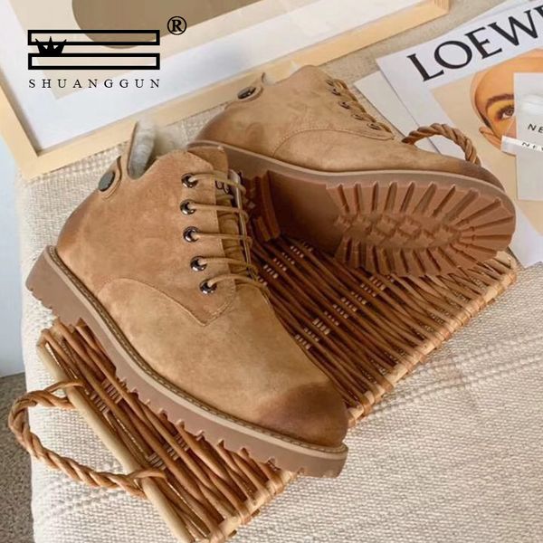 

australian imported brands snow boots for women lace-up winter shoes real sheepskin leather nature wool fur ankle short boots, Black