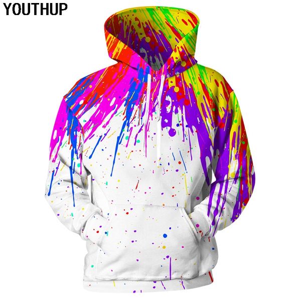 

youthup 2018 3d hoodies men splash paint print rainbow hooded sweatshirts men hoodies 3d pullover fashion casual outwear, Black