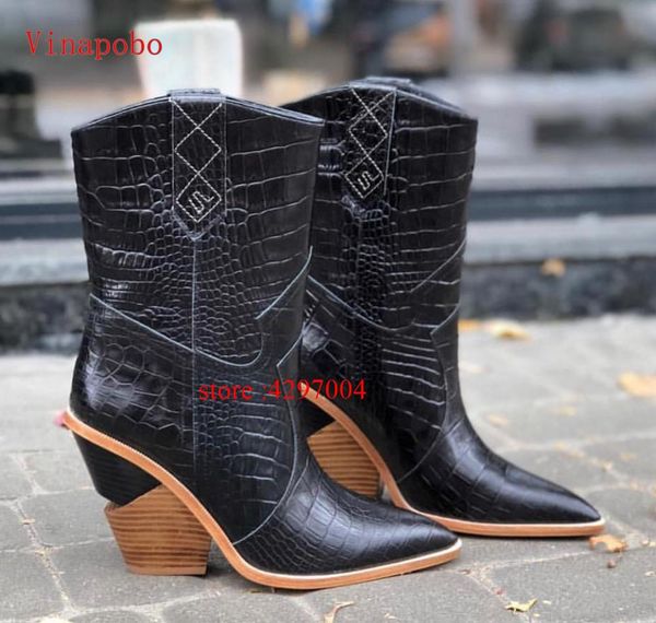 

синий черный pu кожаные ботильоны ковбоя для женщин клин коренастый высокий каблук сапоги середина икры змея печати western cowgirl 2019, Black