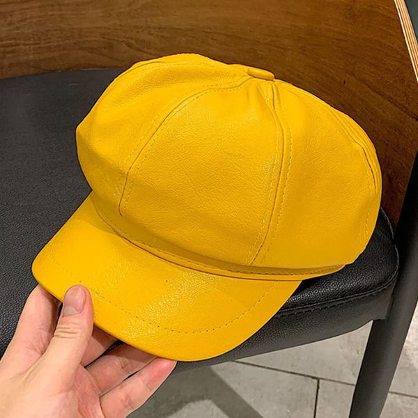 

pu leather solid color octagonal hats vintage fashion berets hats for women trendy wild painter newsboy 2020, Blue;gray