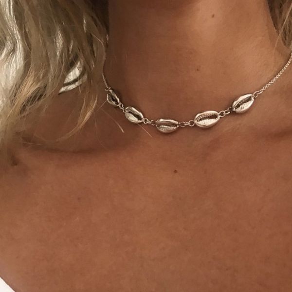 

natural shells pendant necklace gold chain necklace choker women bohemian style for summer beach metal alloys friends gift, Silver