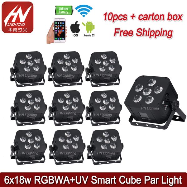 10 pcs luzes de DJ LED cubo par 6x18w rgbwa uv 6in1 operado a bateria Operado sem fio DMX Akku Uplighting para Wedding Bar Stage Light