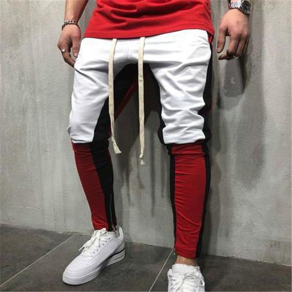 

men zipper pants patchwork pencil pants casual trousers men joggers sweatpants elastic waist male trousers hip hop cotton, Black