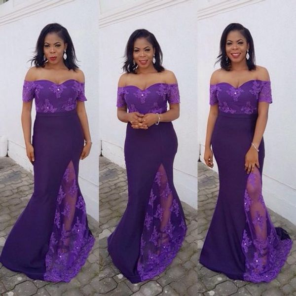 

purple aso ebi evening gowns mermaid off the shoulder short sleeves appliques sweetheart formal african party women wear, White;black