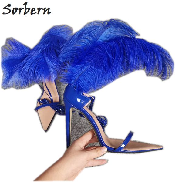 

blue ostrich feather sandal pointed toe slingbacks ankle straps party cosplay shoes stilettos high heels, Black