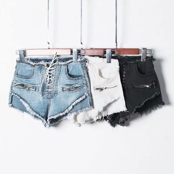 

summer zipper high waist shorts female blue black white lace up korean denim shorts casual drawstring jeans, White;black