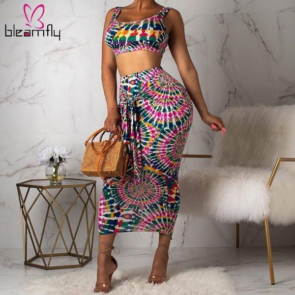 

2019 summer two piece set crop and skirt set 2 piece women multicolor boho printed bodycon two outfits, White