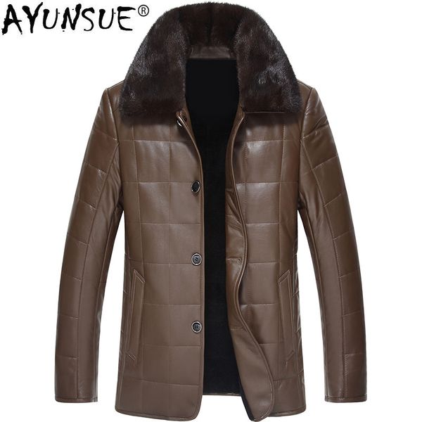 

autumn winter mens leather jacket genuine leather sheepskin coat real wool fur lining mens jackets mink collar ml-127605, Black