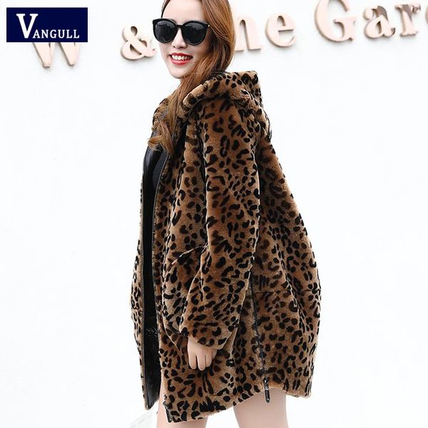 

vangull women leopard faux fur coats winter warm thick hooded jacket 2019 new fashion long sleeve zipper loose plus size jacket, Black