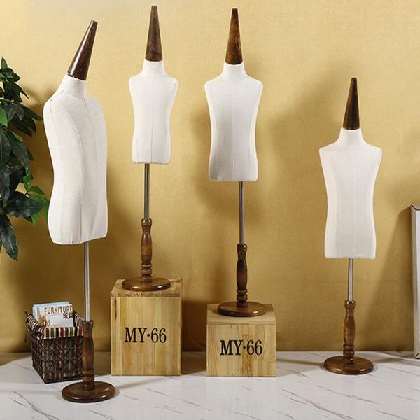 

3-4 years foam baby half torso child realistic mannequins display circular wood base fabric flexible dress cloth,one piece d143, Khaki