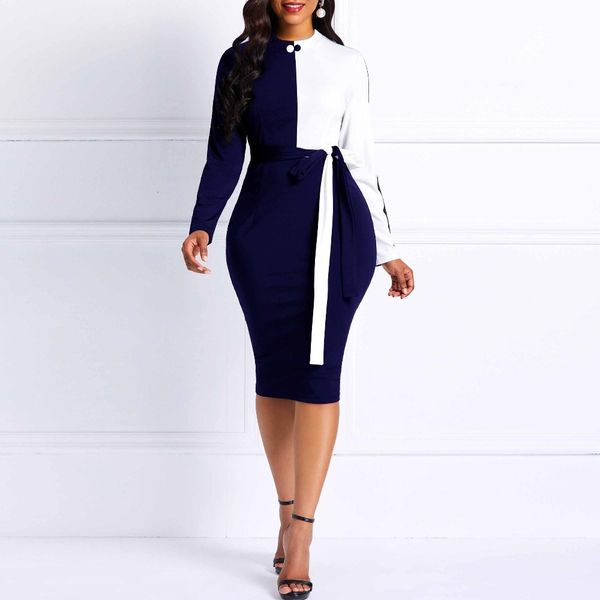 

Women Sexy Bodycon Dress Spring 2019 White Blue Patchwork Lace Up Slim Office Ladies Work Party Simple Elegant Pencil Dresses