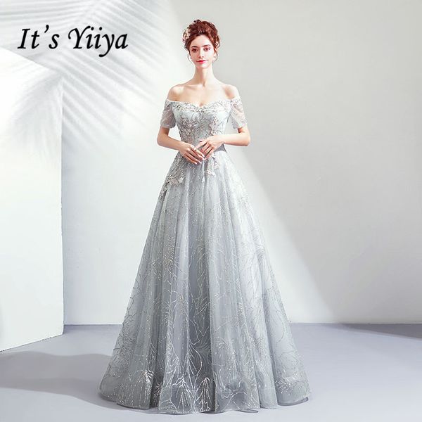 

it's yiiya evening dress flowers embroidery gray party gown shining glitter pearls beading boat neck wedding formal dresses e196, White;black