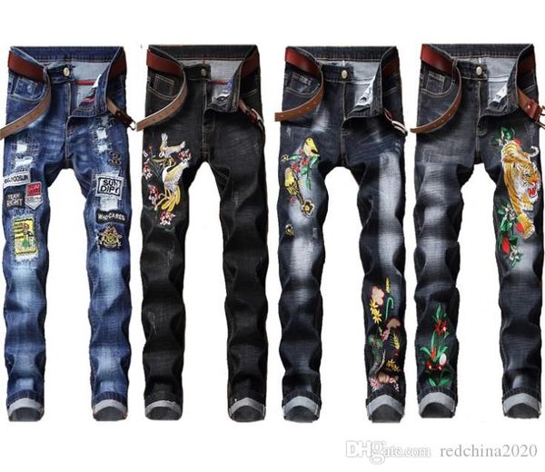 

2020 distressed ripped mens designer embroidery slim fit jeans denim straight washed destroyed patches classic casual trousers 662, Blue