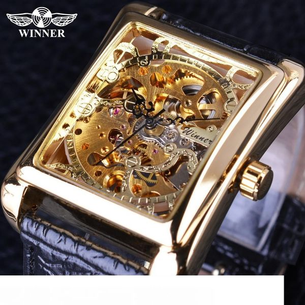 

winner 2017 retro casual series rectangle dial design golden pattern hollow skeleton watch men watch brand luxury mechanical mx190724, Slivery;brown