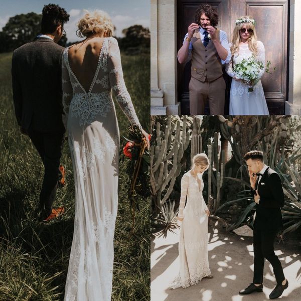 

form-fitting bohemian wedding dress vintage style plunging back line bridal gowns long sleeve nude lining vestido de noiva, White