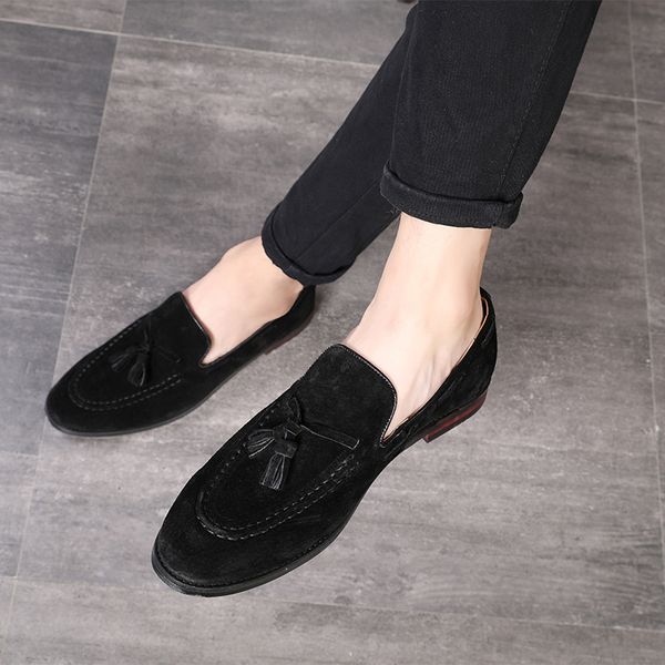 

big size 37-48 tassels genuine leather casual shoes luxury black suede men loafers moccasins slippers formal wedding dress shoes r05