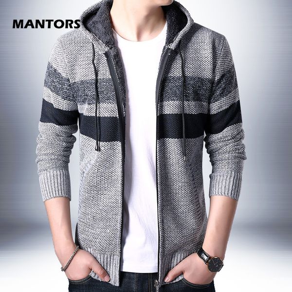 

sweater coat men 2019 winter thick fleece hooded cardigan jumpers men striped wool zipper coats casual knit sweater outerwear, White;black