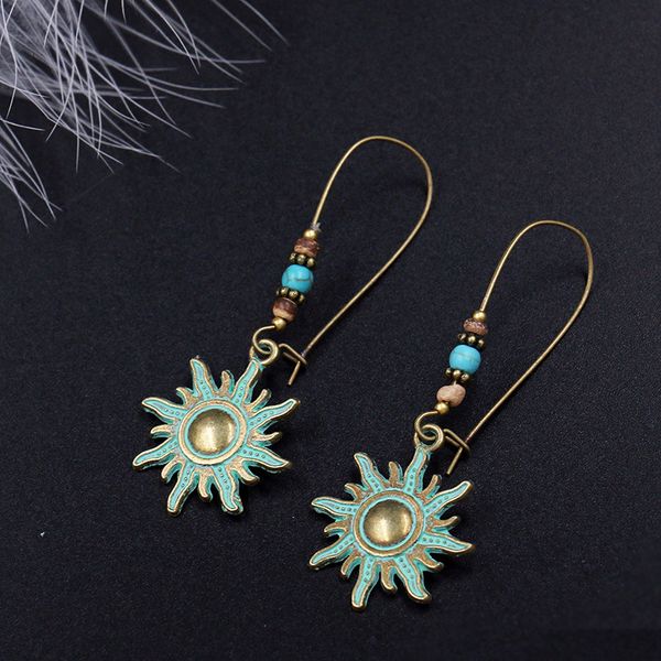 

bohemia creative alloy flame profile pendant earrings string bead turquoise charming long eardrop ear hook women beach accessory gifts, Silver