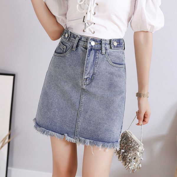 

vintage high waist fashion korea tassel a-line skirt ladies summer women elastic jeans skirts pockets was thin mini denim skirt, Black