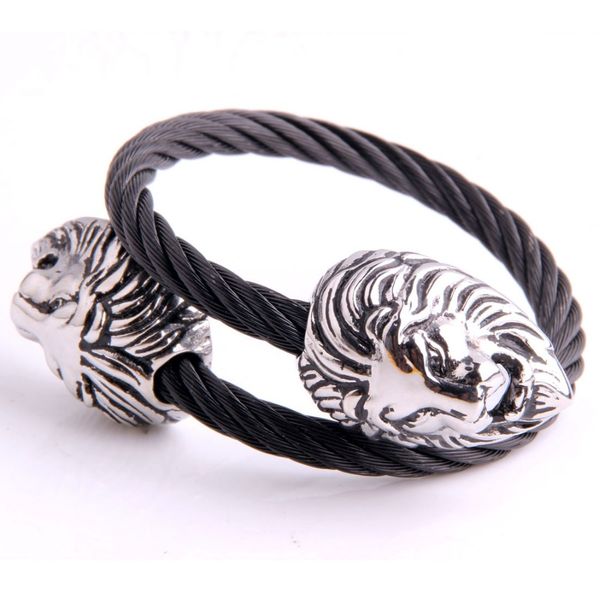 

new arrive 316l stainless steel silver double lion head black wire cable chain cuff bangle bracelet mens biker jewelry xmas gift, Golden;silver