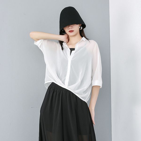 

women's blouses & shirts 2021 spring summer lapel half sleeve black loose big size perspctive thin shirt women blouse fashion tide, White