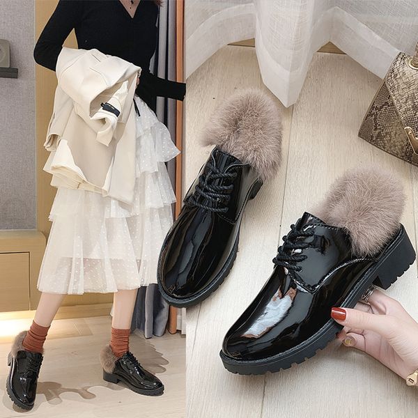 

autumn and winter new patent leather fur casual shoes retro fashion harajuku style with small shoes sale, Black