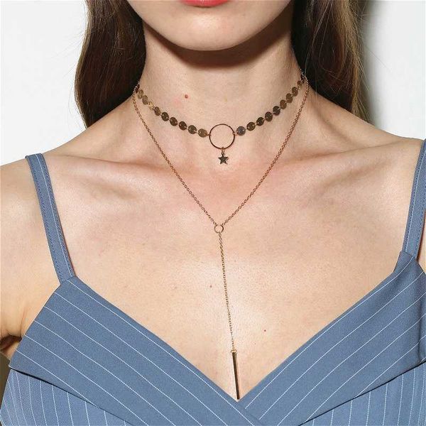 

visisap sexy простого ручные блестки звезда кисточка ключица ожерелье для женщин моды двухслойного бизнеса дамы ожерелье c1263, Golden;silver