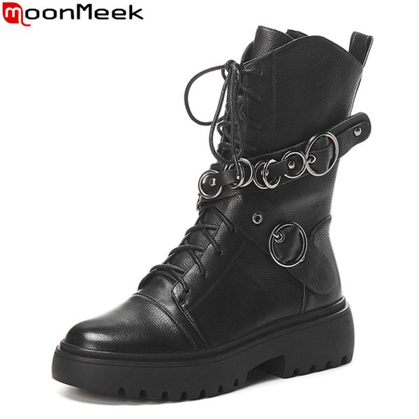 

moonmeek 2020 new brand genuine leather women boots black med heels round toe buckle autumn winter ankle boots