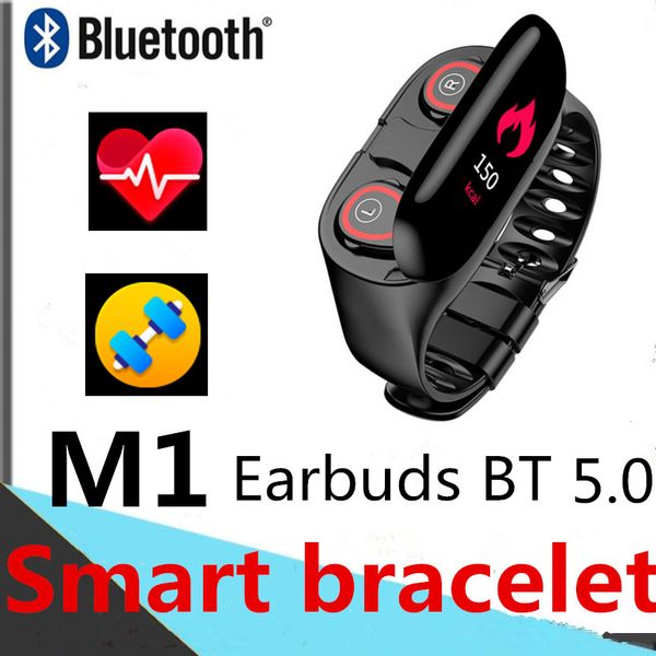 

m1 смарт-браслет с tws наушники bt5. 0 беспроводные наушники-вкладыши на запястье сердечного ритма фитнес-трекер passometer для всех совмест