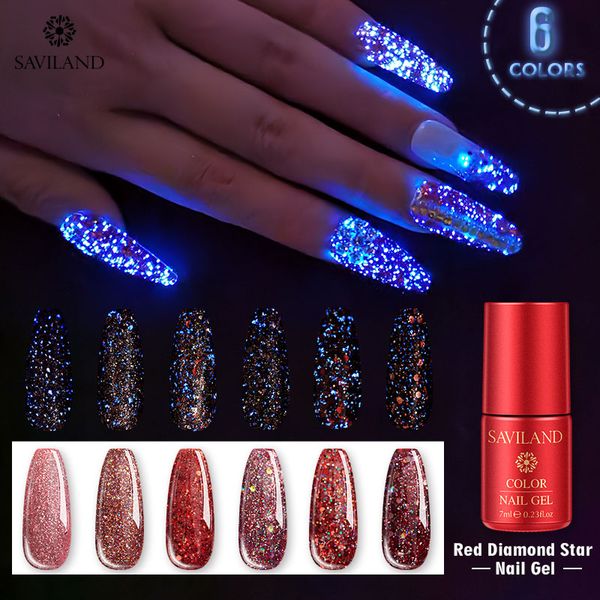 

saviland red diamond star gel nails soak off uv gel nail polish varnish glow in the dark gold pink varnish, Red;pink