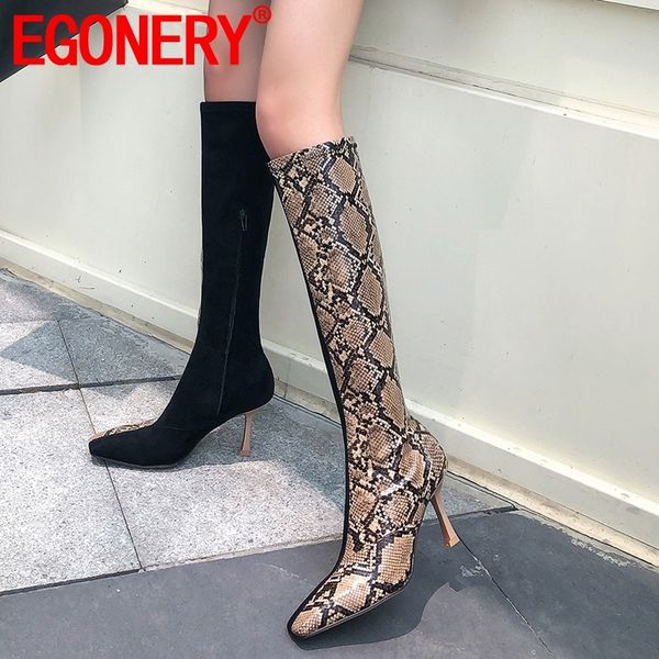 

egonery woman shoes 2019 autumn new fashion square toe mixed colors knee high boots outside super high heels zipper shoes, Black