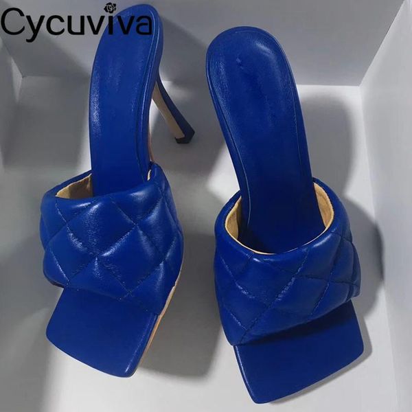 

concise rhombus leather slippers classic square toe high heels summer sandals runway party summer multicolor shoes woman, Black