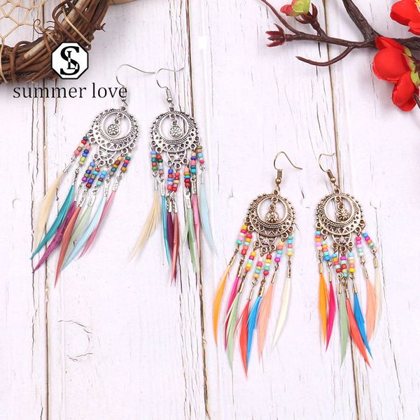 

vintage ethnic rainbow feather dangle chandelier earrings for women gold long chain feather tassel earring wedding jewelry accessories-y, Silver