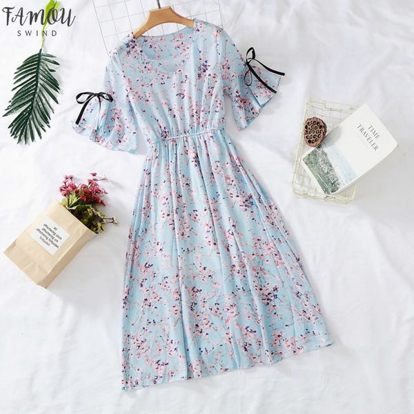 

7 colors 2020 new women's chiffon dress print v-neck dress spring and summer ruffled short-sleeved bow dress large size s-3xl, Black;gray