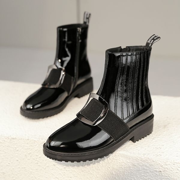 

plus size 34-42 women's genuine leather flats ankle boots big metal buckle punk autumn short booties casual shoes, Black
