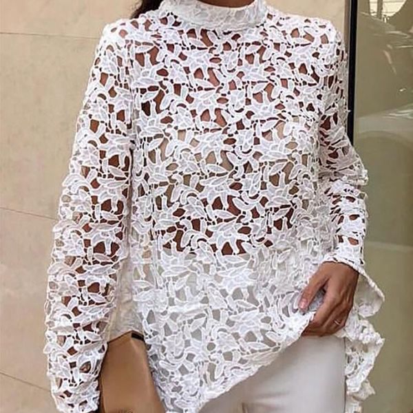 

women lace hollow out shirts long sleeve irregular stand collar female loose blouse flora 2019 spring summer lady's solid, White