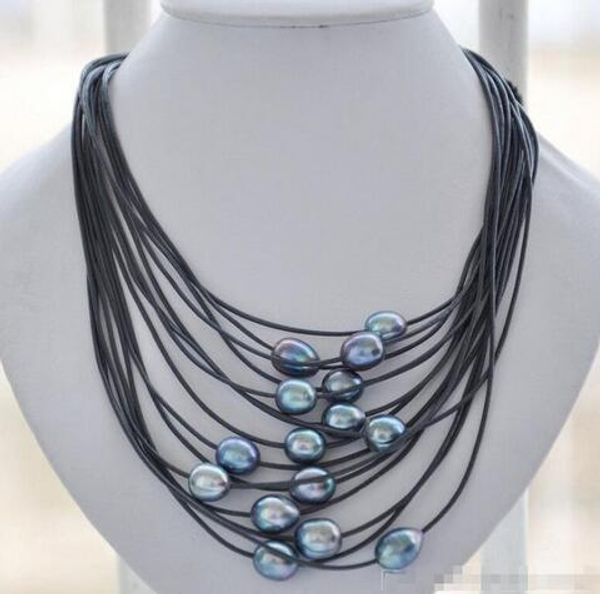 

new style >>>>> 15 strands 13mm black rice peacock black leather necklace pearl 20 inch, Silver