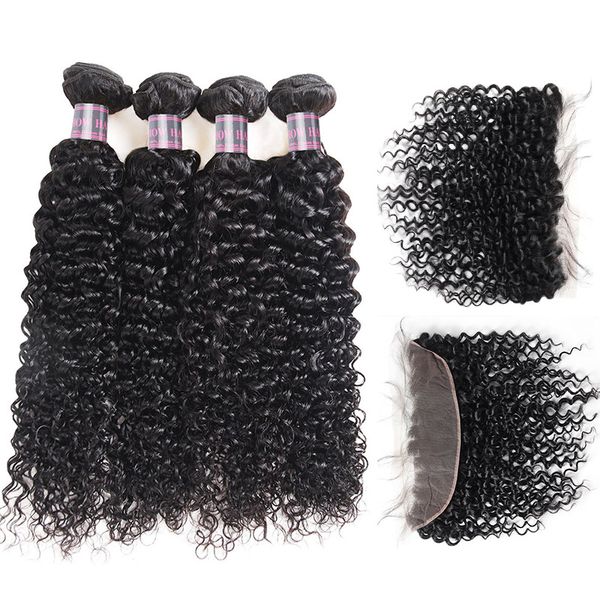 

ishow peruvian hair weave brazilian human hair bundles with closure kinky curly 4pcs with lace frontal virgin hair extensions, Black