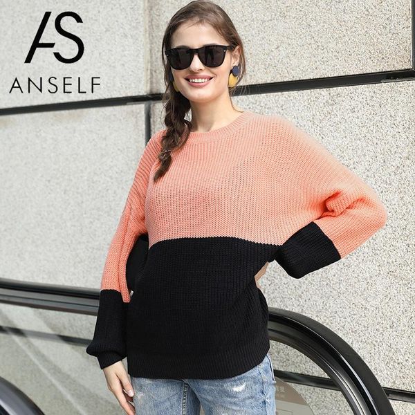

pullover women loose knitted female sweater stitching contrast color casual long sleeve jumper o-neck basic oversized tunic, White;black