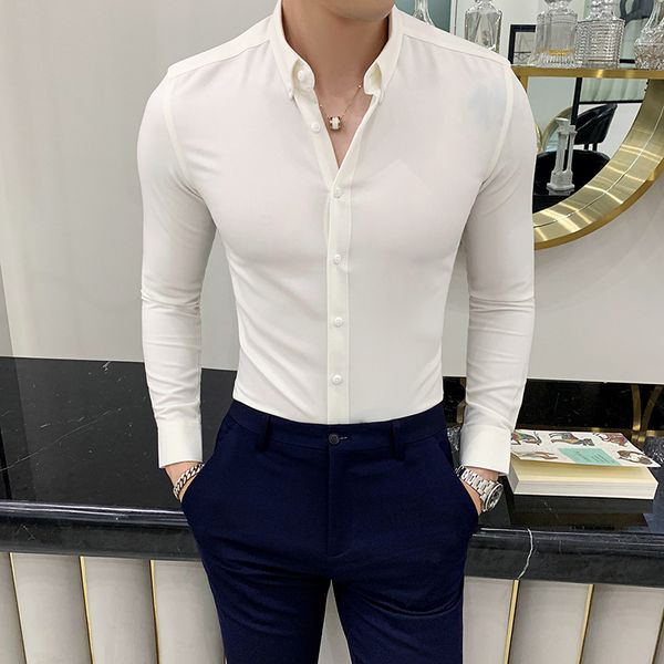 

white shirt men dress shirts long sleeve 2019 solid color mandarin collar casual social shirt slim fit tuxedo, White;black