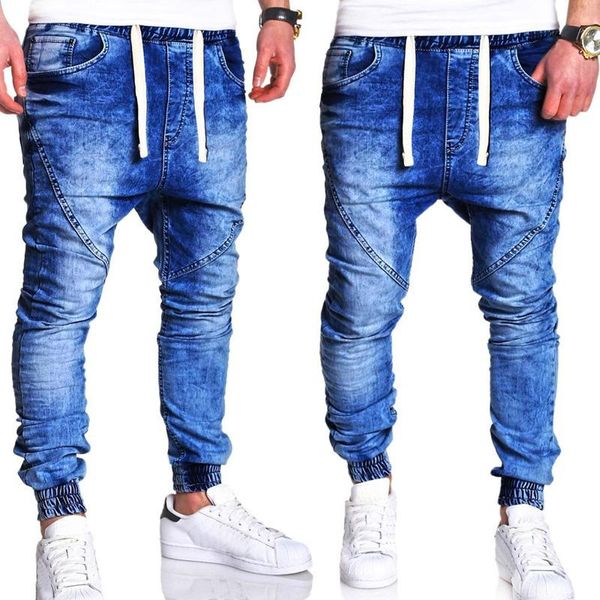 

washed mens designer harem jeans black blue elastic waist hiphop casual loose jeans
