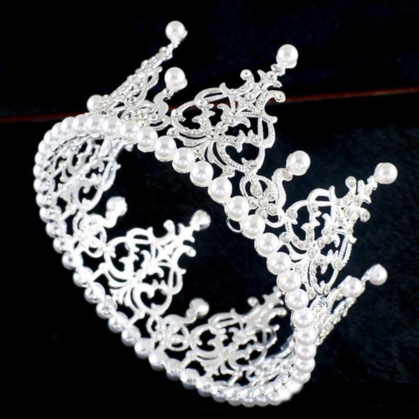 

cute mini imitation pearl round hair tiara queen birthday baby bridal princess tiaras diadem corona king bezel crowns t-084, Golden;white